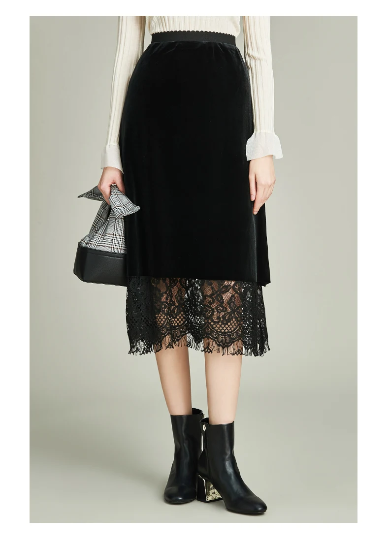 Хавва осенняя и зимняя черная бархатная юбка средней длины с высокой талией и кружевом Женская тонкая юбка Q4546