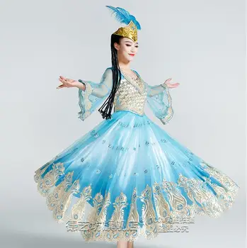 

Unique Ethnic minority high quality men women Uygur nationality in Xinjiang zhuang nationality stage dance dress dress+pants+hat