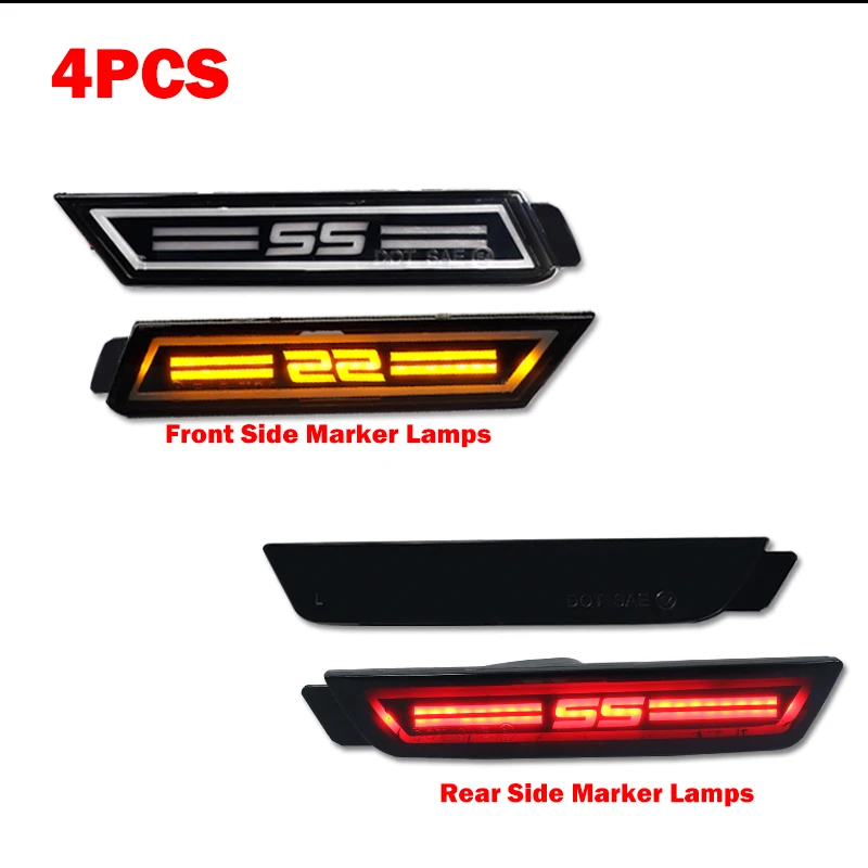 Turn Signal Amber & Brake Light Red Pack of 4 D-Lumina Smoked Lens LED Side Marker Lights Amber & Red Compatible with Chevy Camaro 2010-2015 Front Rear Bumper Sidemarker Lamps Reflectors 
