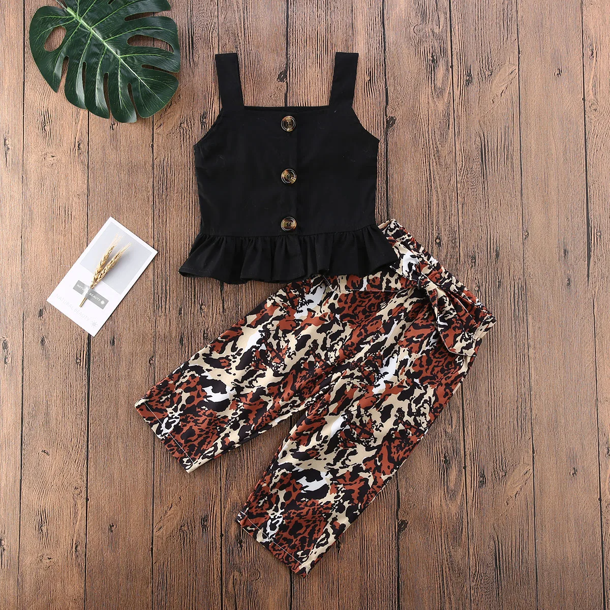 

Pudcoco Toddler Baby Girl Clothes Solid Color Button Sling Ruffle Tops Leopard Print Long Pants 2Pcs Outfits Cotton Clothes