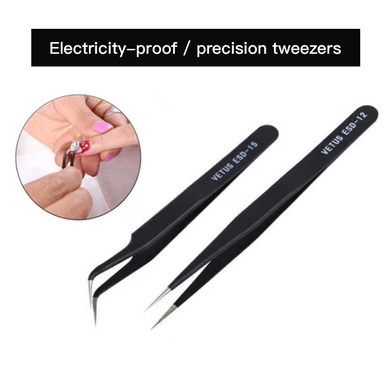 Precision Tweezers 2pcs Anti-static Stainless Steel ESD Tweezer Electronics Repair Tools