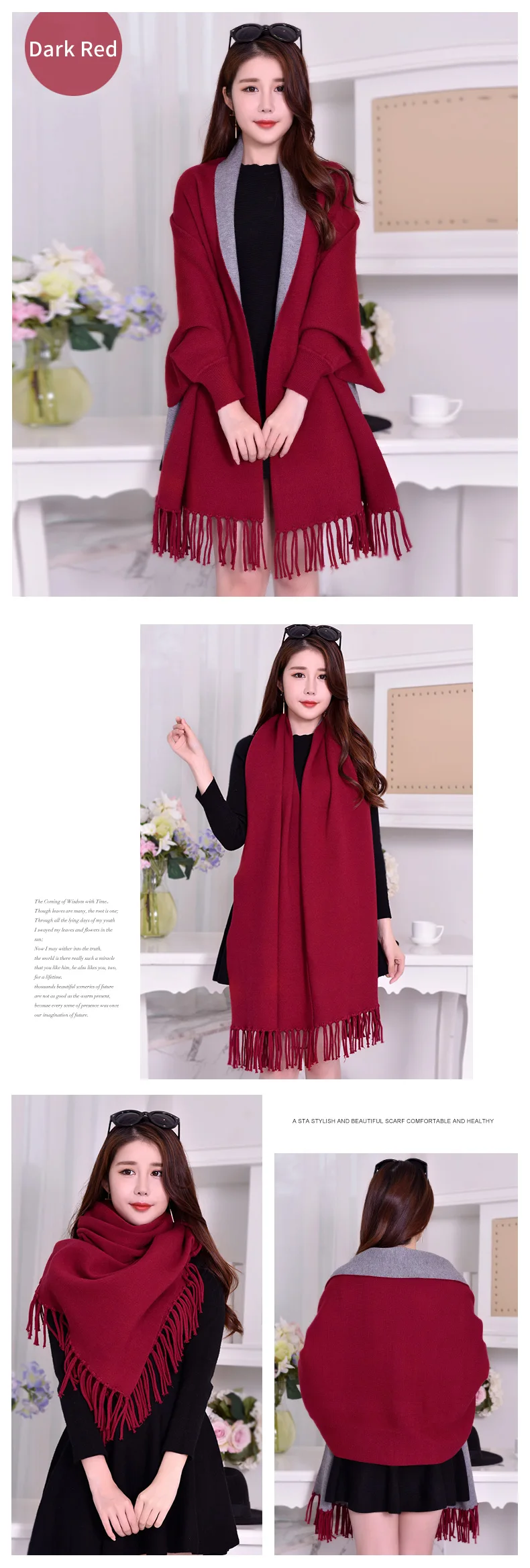 Women Winter Poncho with Sleeve Shawls and Wraps Pashmina Red Thicken Scarf Stoles Femme Hiver Warm Reversible Ponchos and Capes