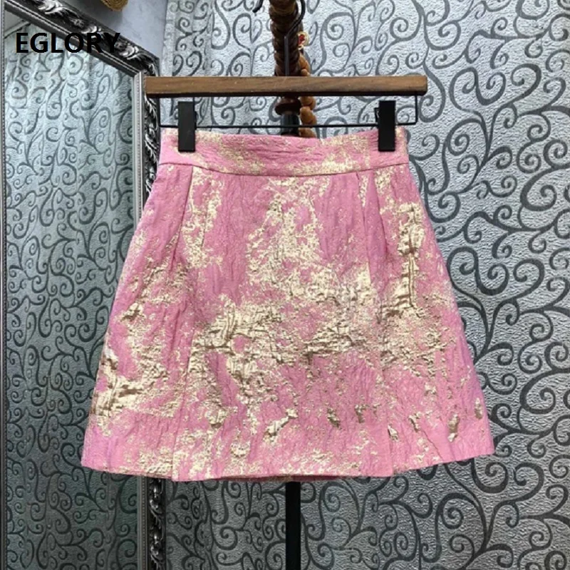 

2020 Autumn Winter Fashion Runway Skirts High Quality Women Golden Foil Print A-Line Casual Pink Black Vintage Skirts Party Wear