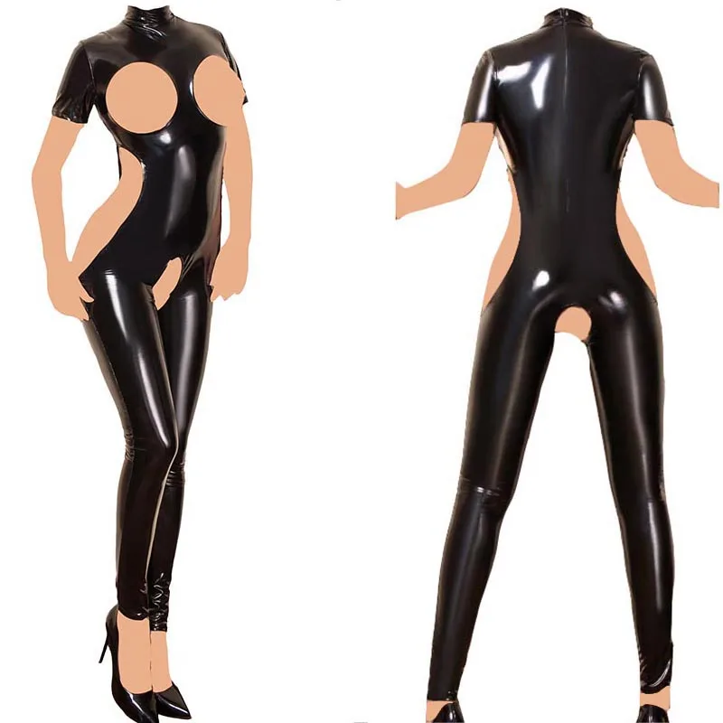Sexy Women Patent Leather Cupless Crotchless Catsuit Bodysuit Wet Look Latex Style Jumpsuit Mistress Fetish Costume