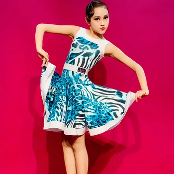 

Customized Girls Latin Dance Dress Children Professional Ballroom Cha Cha Samba Salsa Competition Wear Blue Leopard Dress DL5387