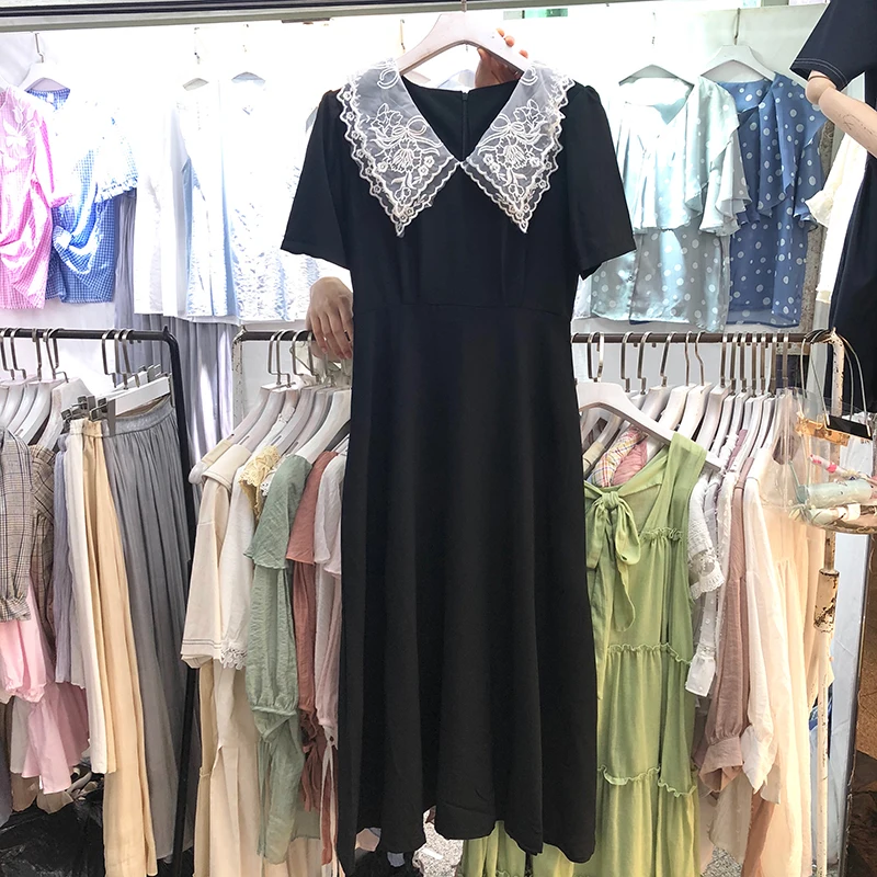 Korean Dongdaemun Spring Large Lace Lapel Solid Color Waist Slimming Mid-Length Elegant Dress for Women | Женская одежда