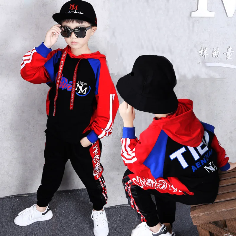 Детский спортивный костюм, комплект одежды для мальчиков, костюм в стиле хип-хоп Dnace, спортивный костюм для девочек, толстовки для подростков, штаны-шаровары, одежда для детей 3-14 лет - Цвет: Красный