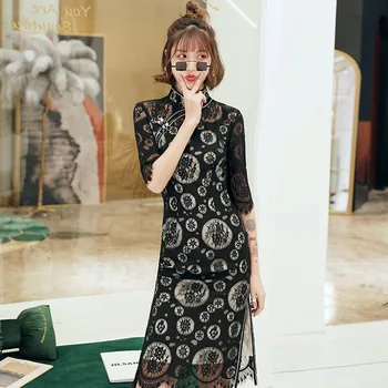 

Mandarin Collar Perspective Women Cheongsam Sexy Black Lace Novelty Evening Party Dress Half Sleeve Split Qipao Veatidso