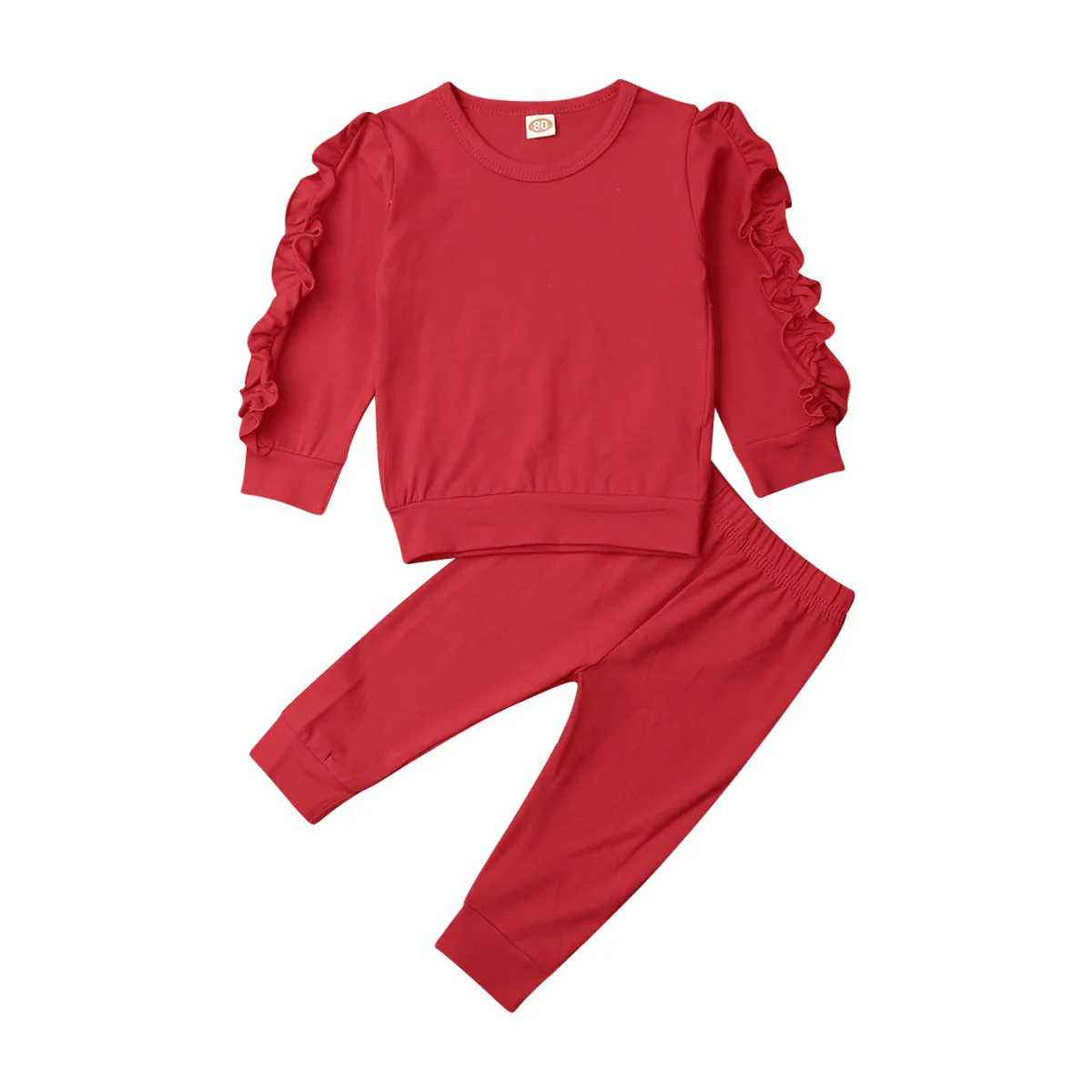 Осенняя однотонная детская одежда для маленьких девочек, топы с длинными рукавами и оборками, леггинсы, штаны, спортивный костюм, весенний комплект