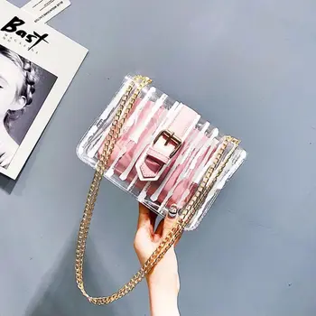 

SHUJIN Jelly Beach Bag Summer Candy Color Chains Women Striped Crossbody Bags Transparent PVC Bags