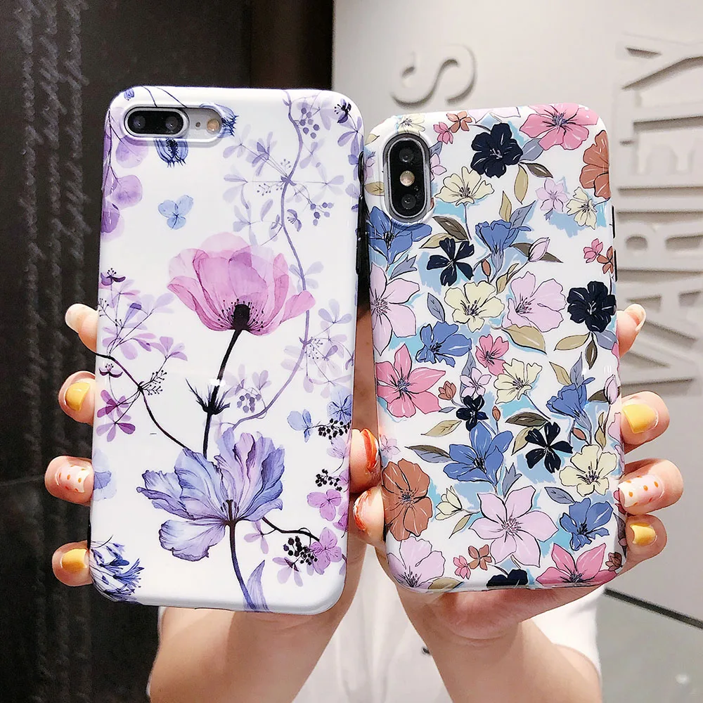 Art Flowers Phone Case For iPhone 12 mini X XR XS Max 6 6S 7 8 Plus 11 Pro Max Soft Silicone IMD Floral Protective Back Cover
