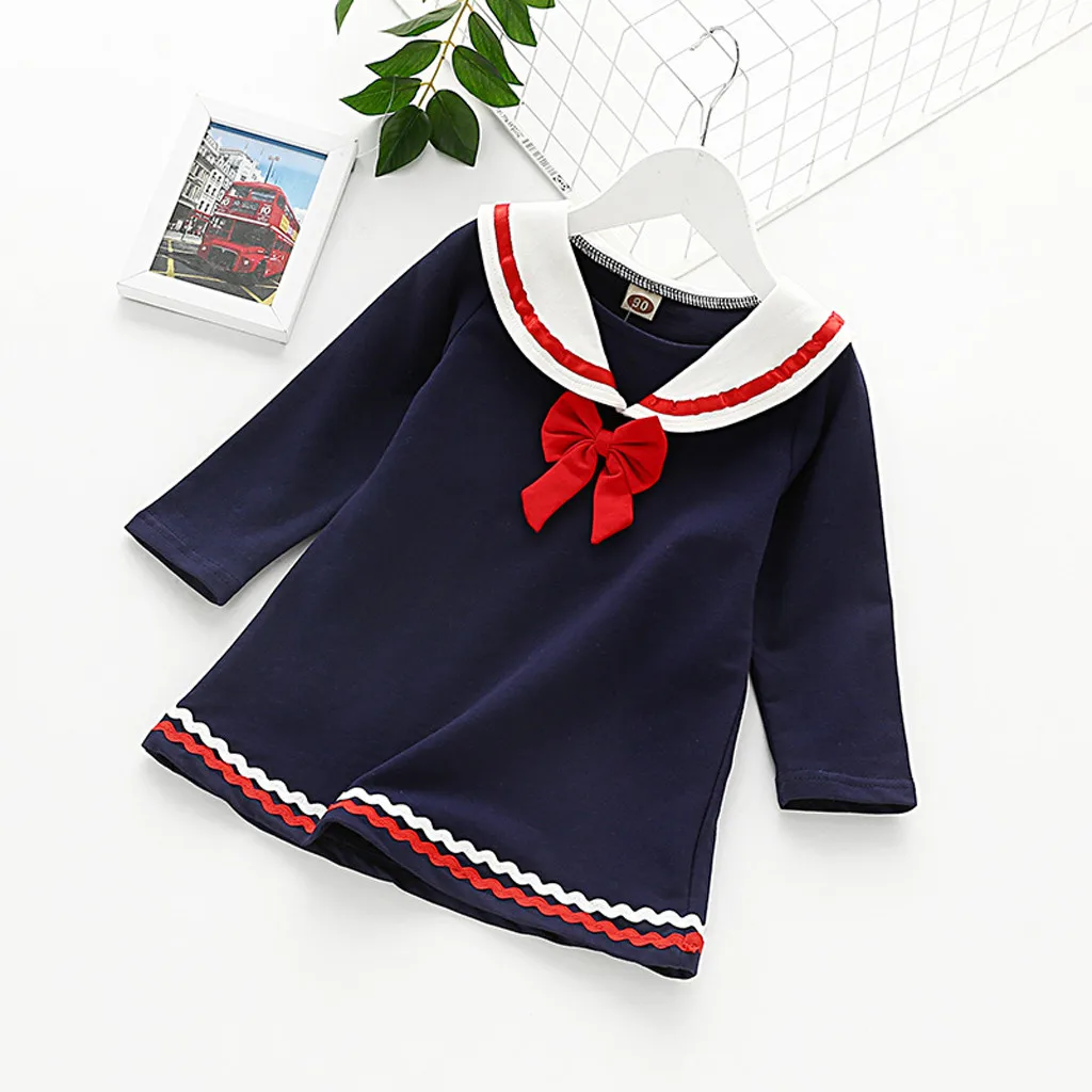 

Autumn New Fashion Toddler Baby Kids Girls Patchwork Ruffles Bowtie Dress Casual Clothes Sailor Suit Free Ship فساتين اطفال Z4
