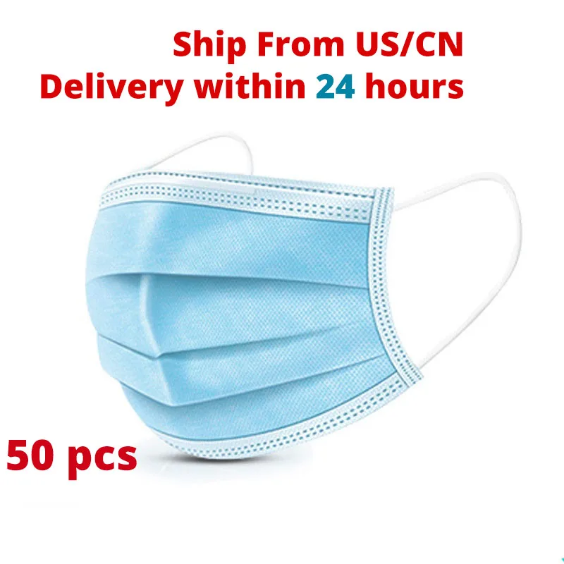 

50pcs Disposable Masks 3-layer Non-woven Anti-pollution Meltblown cloth Masks Mouth Filter Earloops Masks Protective Health Mask