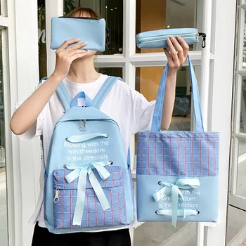 

New 4Pcs/Set Ribbon Chain Bowknot Letter Canvas Women Backpack Travel Backpacks For Teenage Girls School Bagpack