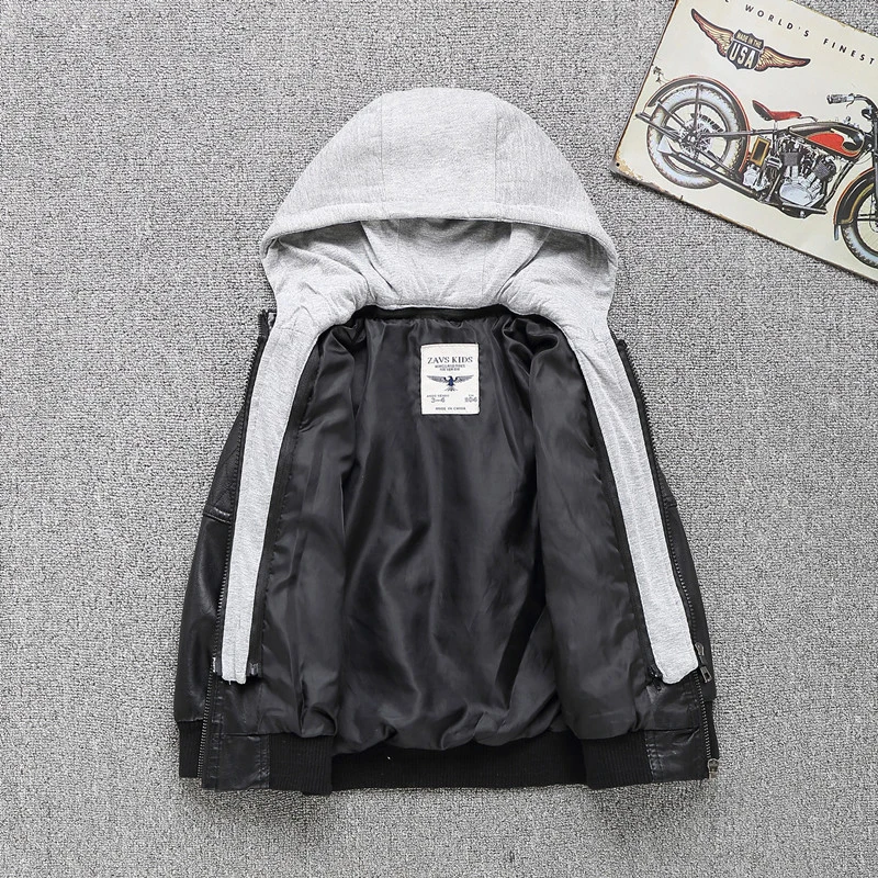 incredible Spring Boys Jacket can detached Hood Leather Winter Warm Child Coat Thicken PU Leather Casual Child