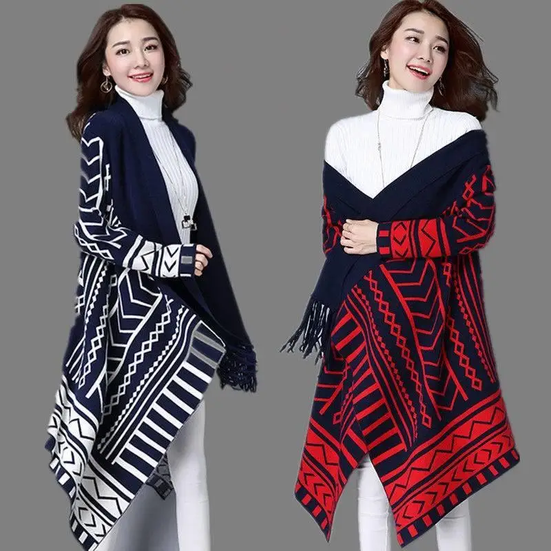 

Sweater Coat Women's Korean-style 2019 New Style Autumn Clothing Winter Loose Mid-length Thick Shawl Cloak Knitted Cardigan Fash
