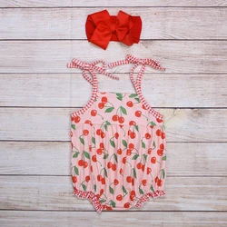 Vêtements d'été pour filles, barboteuse à carreaux rouge, sans manches, rouge cerise, vert, motif imprimé de feuilles, barboteuse pour bébés 