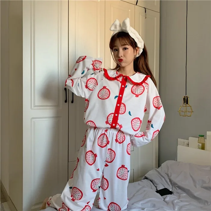 

Autumn Fruit Print Pajamas Set Women Cute Doll Collor Pyjamas Comfortable Long Sleeve Pyjamas Two Piece Set Girls Home Sleepwear