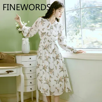 

FINEWORDS 2020 New Spring Floarl Ladies Dresses Vintage Flower Print Chiffon Dress Summer Beach Midi Dress Knee Length Plus Size