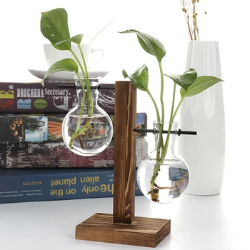 

Nordic Simple Hydroponic Plant Vases Vintage Flower Pot Transparent Vase Wooden Frame Glass Tabletop Plants Home Bonsai Decor