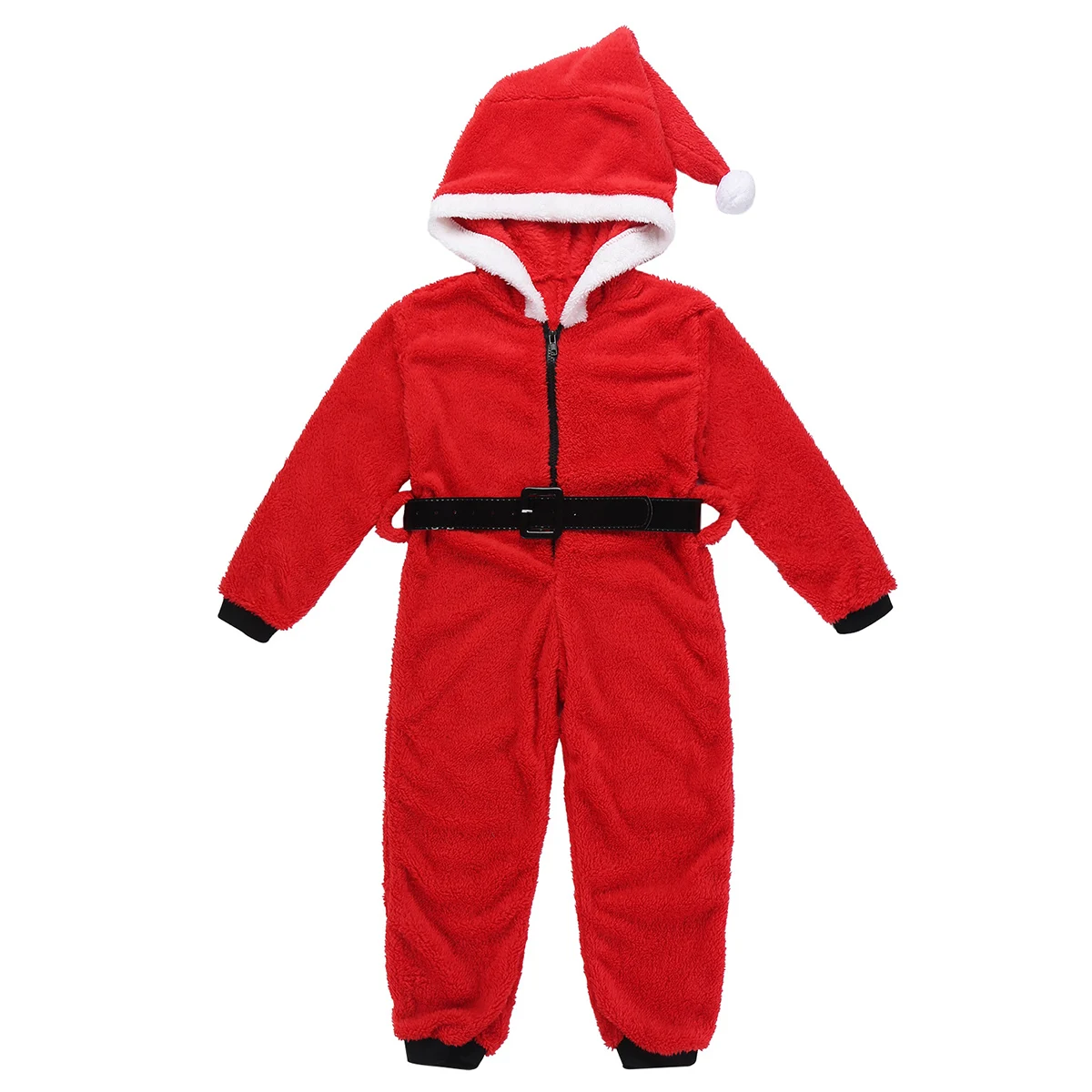 Детский костюм Санты для девочек; Рождественский костюм для костюмированной вечеринки из мягкого флиса кораллового цвета; комбинезон с капюшоном; пижамы с поясом; вечерние костюмы для рождественских праздников