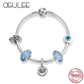 

Luxury Fashion Women Bracelet 925 Silver CZ Evil Blue Eye Hand of Fatima Glass Beads Silver Charm Bangles for Women Jewelry Gift