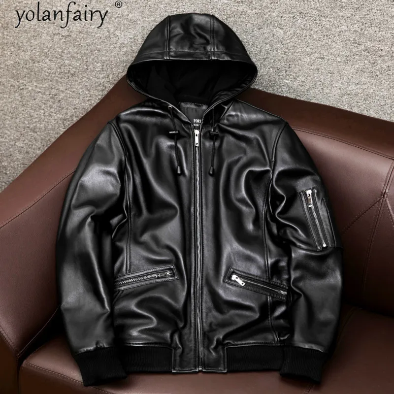 2021 New Leather Jacket Men Streetwear Motorcycle Jacket Hooded Real ...