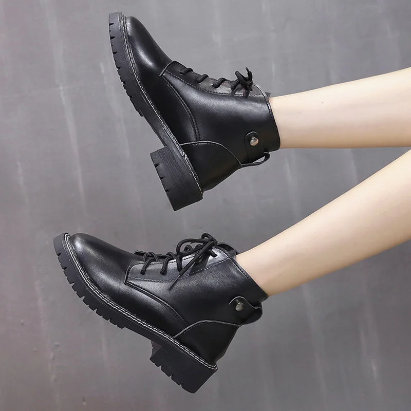 Classic Women's Black Martin Boots Spring Casual Lace Up Handsome Short Booties Round Head Non Slip Ankle Shoes Ladies