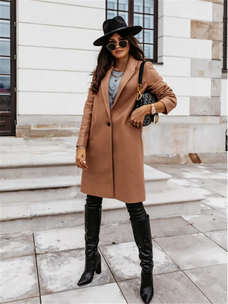 

Autumn Winter Women Long Sleeve Lapel Wool Blends Coat Long Sleeve Single Button Pocket Solid Color Outerwear Zaraing