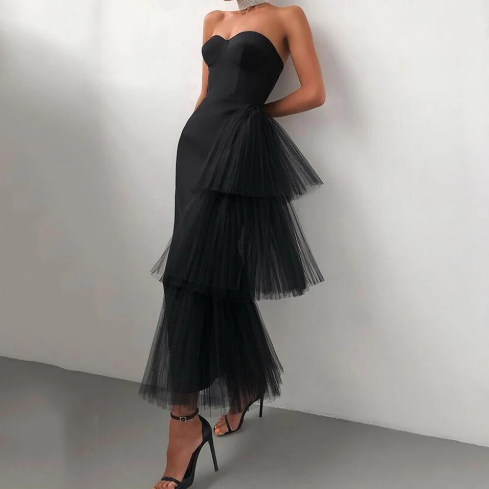 

New Black Satin Short Prom Dresses Mermaid Tiered Tulle Evening Party Gowns Princess Formal Women Dress Custom Made