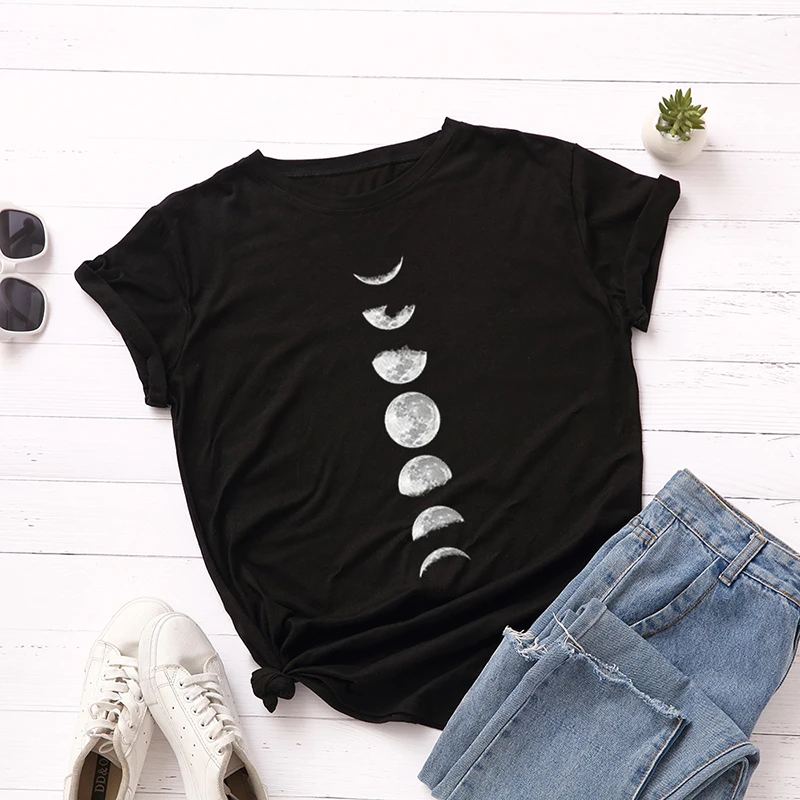 

fashionPlus Size New Moon Planet Print T Shirt Women Shirts Cotton O Neck Short Sleeve Summer T-Shirt Tops*