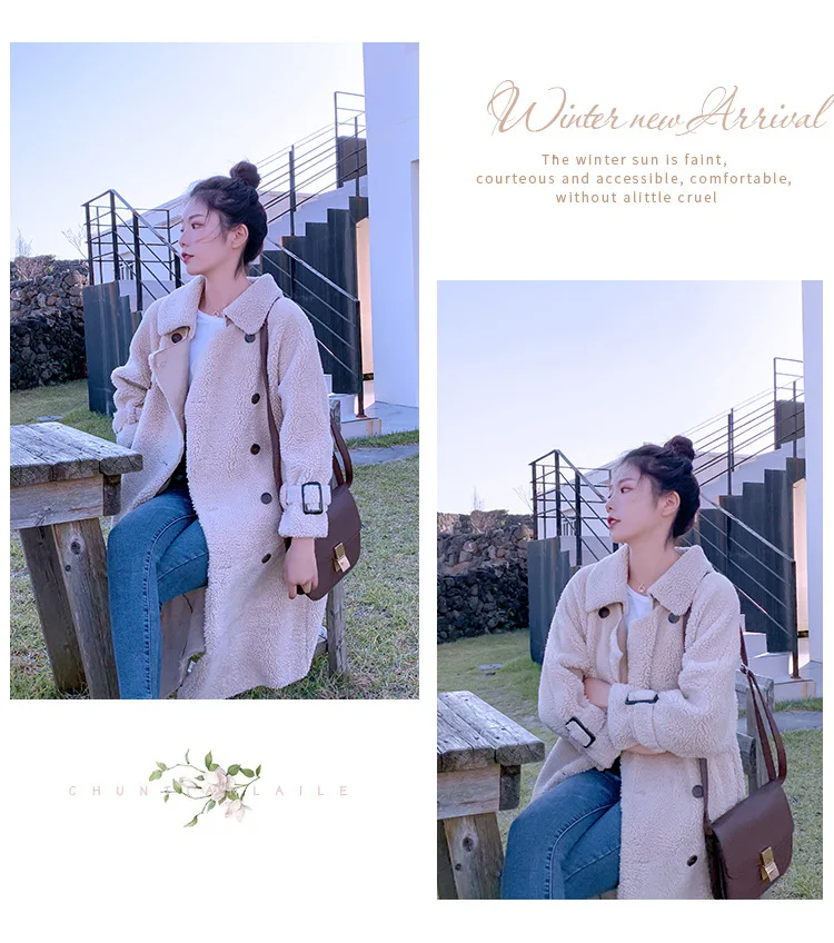 Photo Shoot INS Fold-down Collar Suede Apricot Mid-length Double Breasted Elegant Fur Lambs Wool Overcoat Women's Winter