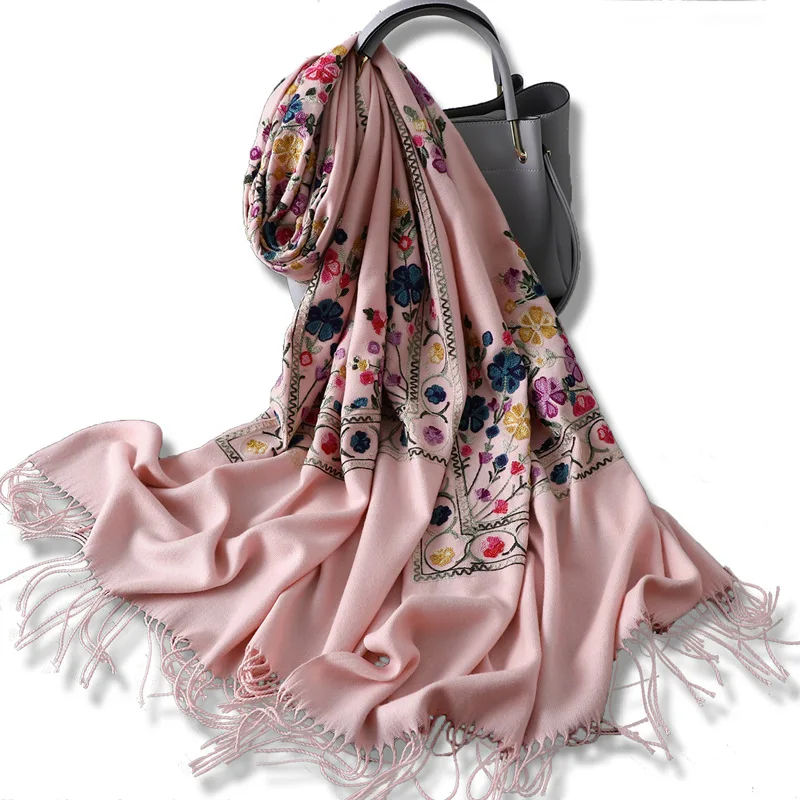 

2019 Women's Winter Scarf Embroidery Cashmere Scarves Shawl Soft Wool Pashmina for Ladies Warm Female Poncho Stoles Hijabs