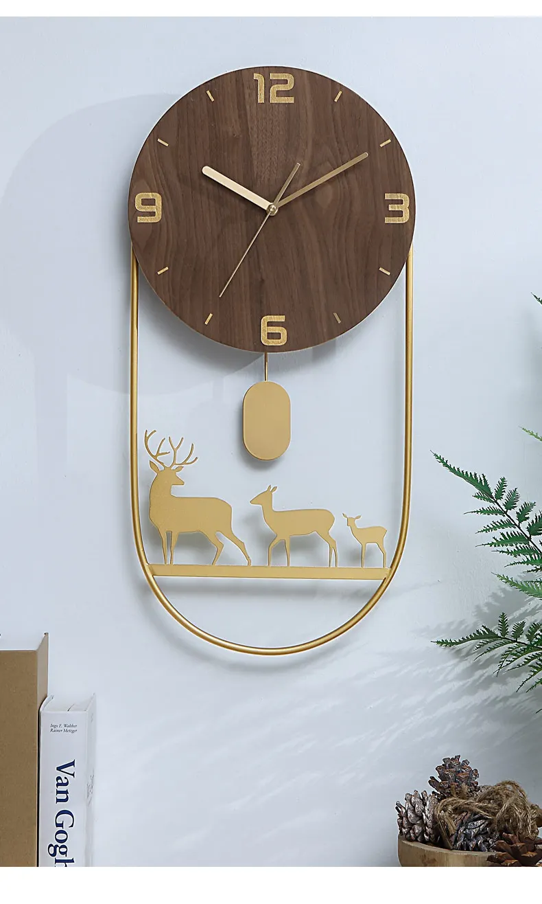 Большие настенные часы в скандинавском стиле, деревянные, металлические, золотые, для гостиной, часы с маятником, настенные часы, роскошные часы, Креативные украшения в виде головы оленя, FZ094