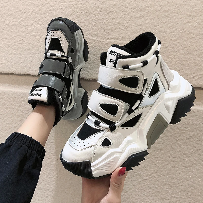 

Fashion plus velvet old shoes 2019 autumn and winter wild warm and comfortable high-top shoes thick bottom Velcro cotton shoes