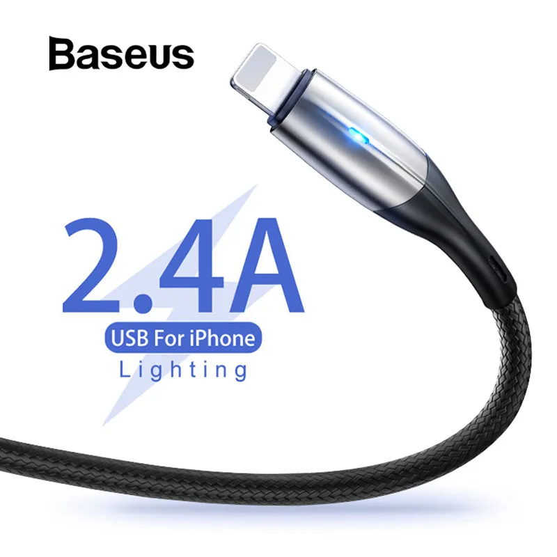 Baseus USB кабель для iPhone XR Xs Max 2.4A зарядный кабель Быстрая зарядка USB кабель для передачи данных для iPhone 8 7 Plus светодиодный USB светильник кабель