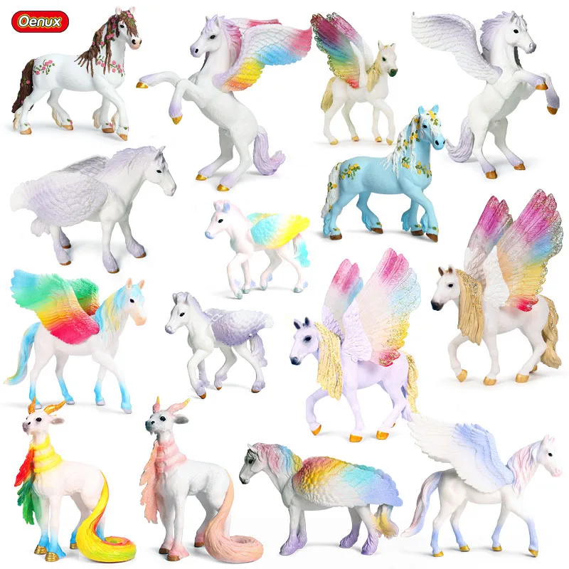 

Oenux Simulation Fairy Tale Fly Horse Model Colorful Horse Action Figures Mythical Rainbow Pegasus Animal Figurines Toy Kid Gift