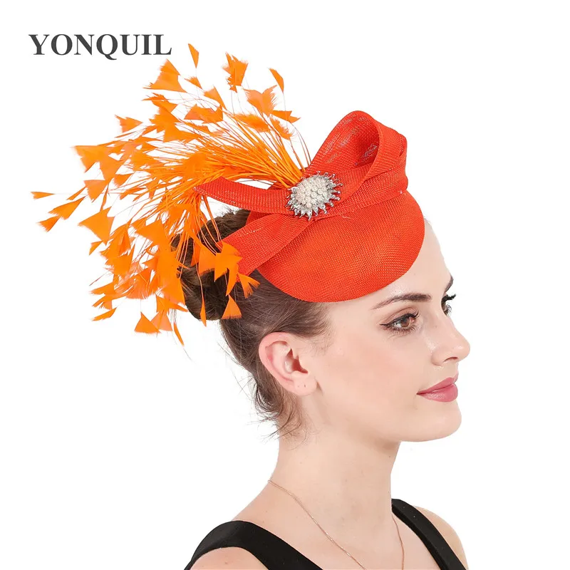 

orange bow fedora caps feather hair clips fascinators Church Party hats women elegant lady headwear decoration headdress SYF680