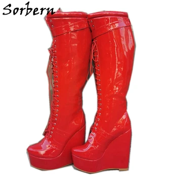 

Sorbern Red Patent Knee High Boots Women Wedge High Heel Platform Lace Up Front Thick Platform Comfortable Boot Strap Wrapped