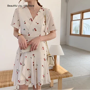 

French style girl style cherry printed wrap skirt V-neck chiffon flounced elegant slim skirt dress
