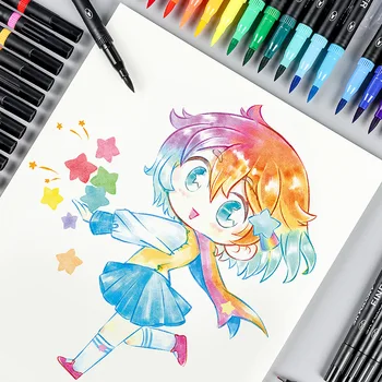 

TH 12/24 Colors FineLiner Marker Pens Water color Drawing Painting Dual Tip Brush Pen for School Art Supplies