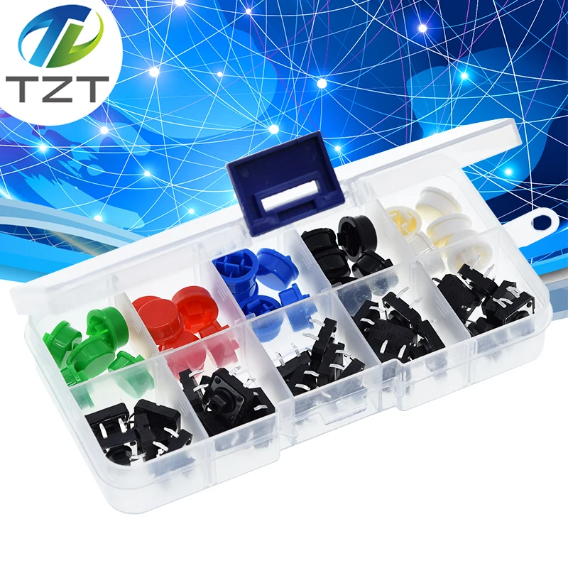 Tactile Push Button Switch 25PCS Tactile Push Button Switch Momentary 12*12*7.3MM Micro switch button + 25PCS Tact Cap(5 colors) For Arduino with Case