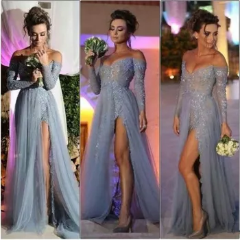 

2019 New Fashion Long Sleeves Party Evening dress A Line Off the Shoulder High Slit Vintage Lace Grey Prom Dresses Long Chiffon