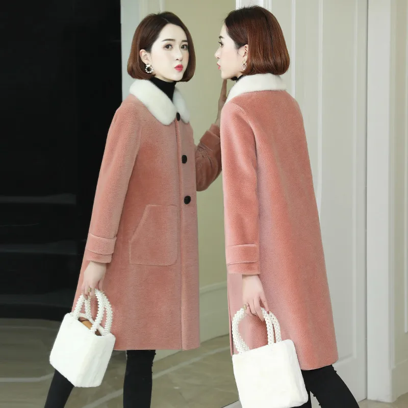 

Real Fur Coat Winter Jacket Women Mink Fur Collar Sheep Shearling Fur Wool Coat Female Korean Pink Jacket AD-OG880 MY1930