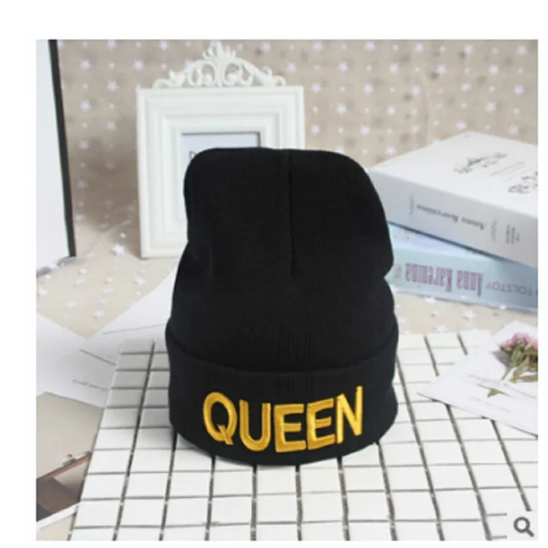 Модная шапка King queen, женская и мужская шапка, шапочки Skullies, повседневные осенние вязаные шапки в стиле хип-хоп, Женская пара, Теплая Зимняя кепка черного цвета