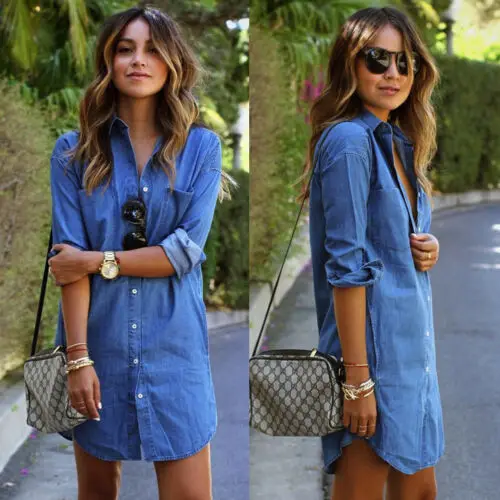 

Womens Autumn arrival Brief Solid Turn Down Neck Button Blue Jeans Denim T-Shirt Long Sleeve Casual Loose Shirt Short Dress