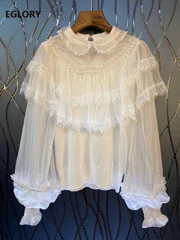 

2019 Autumn Winter Vintage Tops Women Peter Pan Collar Beading Lace Patchwork Long Sleeve Black Wine Red White Knitted Pullovers