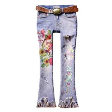 Новые модные женские обтягивающие повседневные расклешенные брюки с бахромой Джинсы женские окрашенные печатные красивые джинсы Большие размеры J481