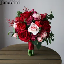 JaneVini Vintage rojo y rosa flores para novia peonía y Rosa artificiales eucalipto ramo de novia flor Artificial Ramos de boda