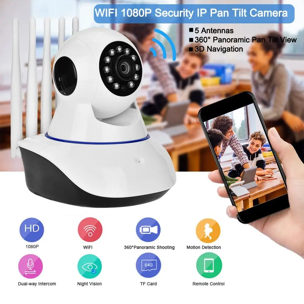 360 градусов wifi 1080 P Beveiliging IP Pan Tilt камера Draadloze IR Babyfoon met 5 антенн 110 V-240 V детская камера